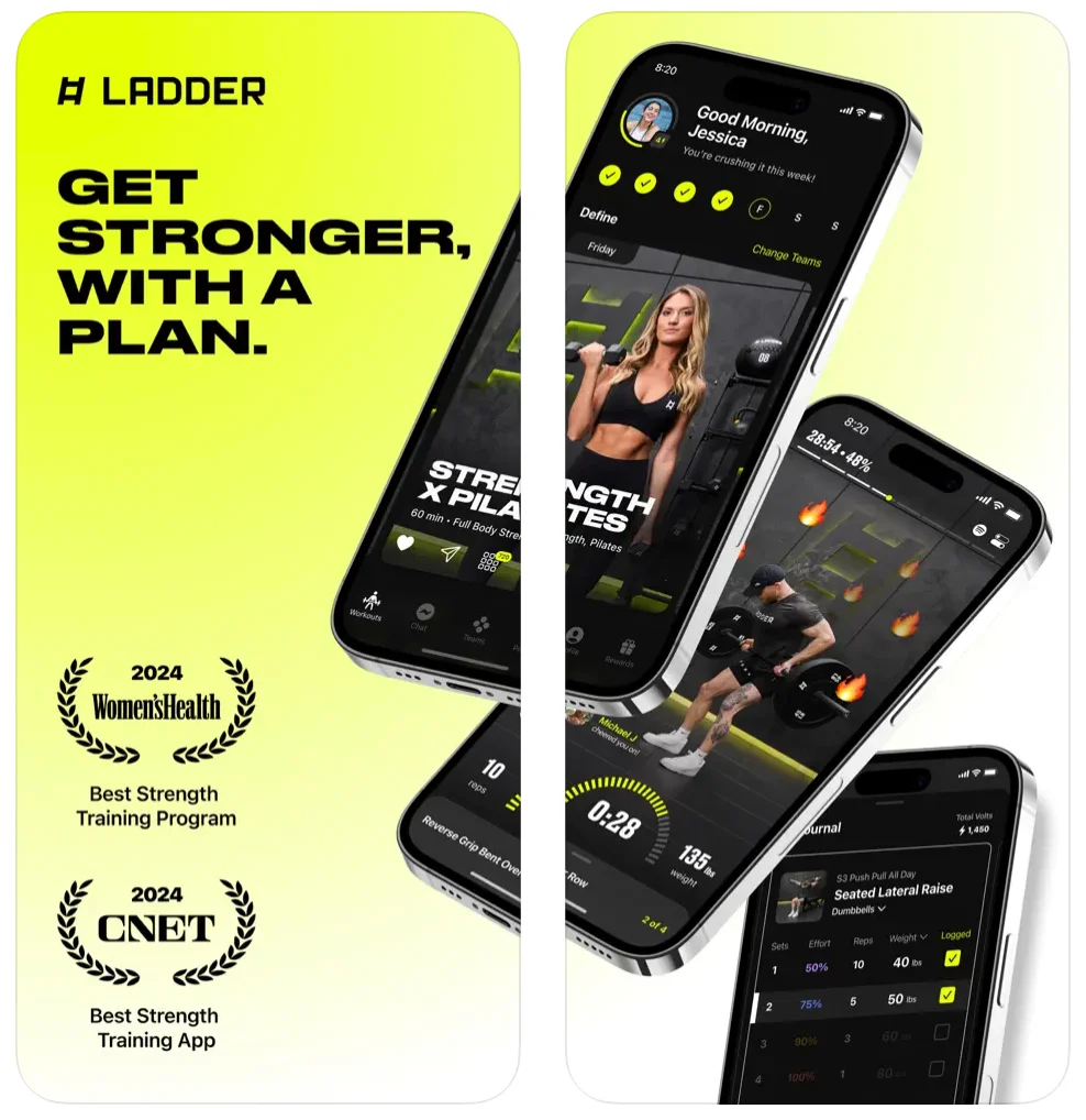 mobile app showcasing strength training and pilates routines