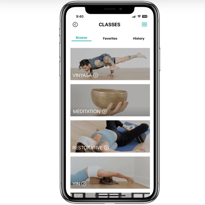mobile app screen displaying yoga class options